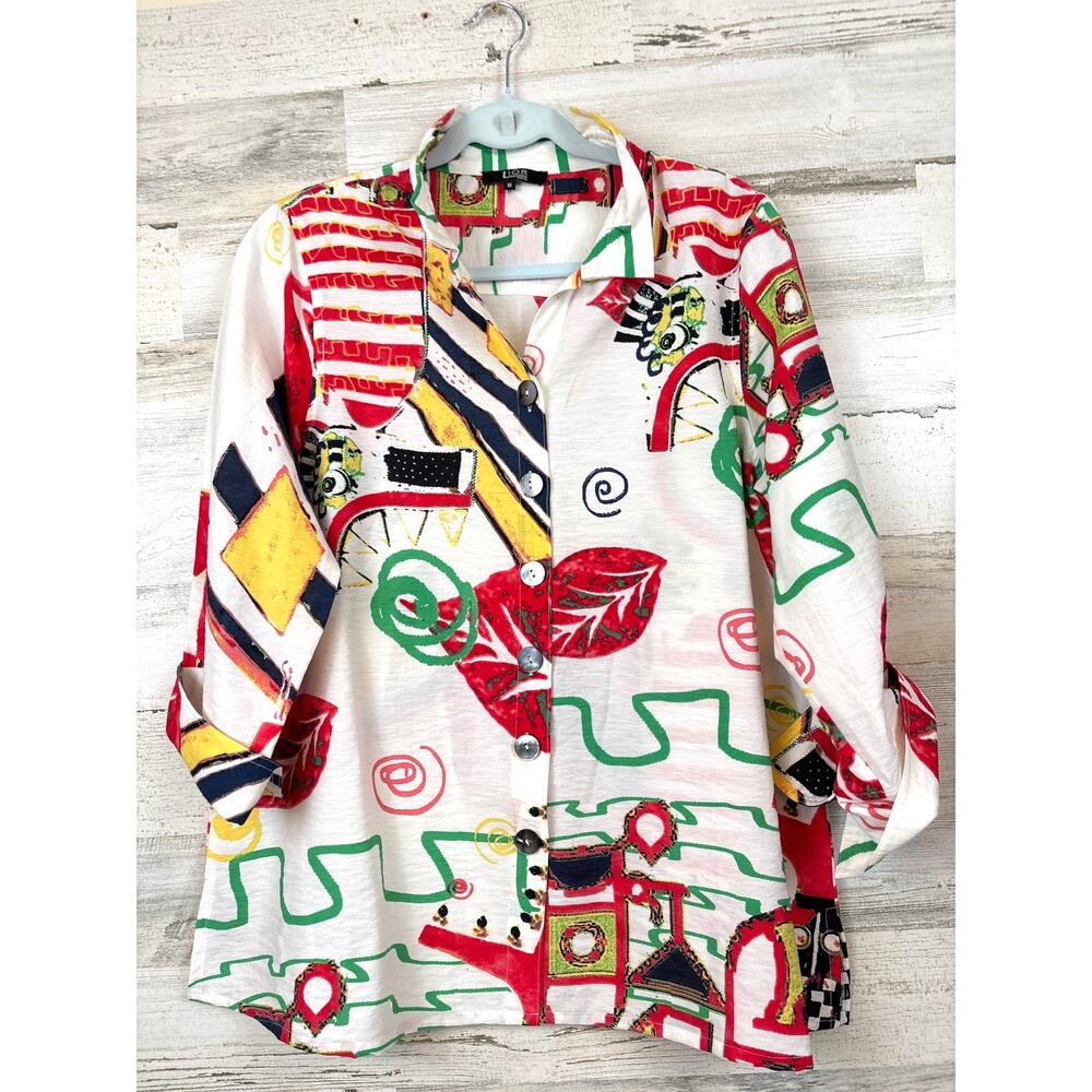 Lior Paris Womens M Multi Abstract 3/4 Sleeve Viscose Linen Button Up Blouse